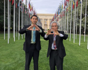 Robert Kajiwara and Leon Siu at the United Nations headquarters in Geneva, Switzerland.
