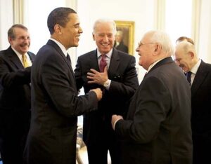 Obama and Biden meet Gorbachev.