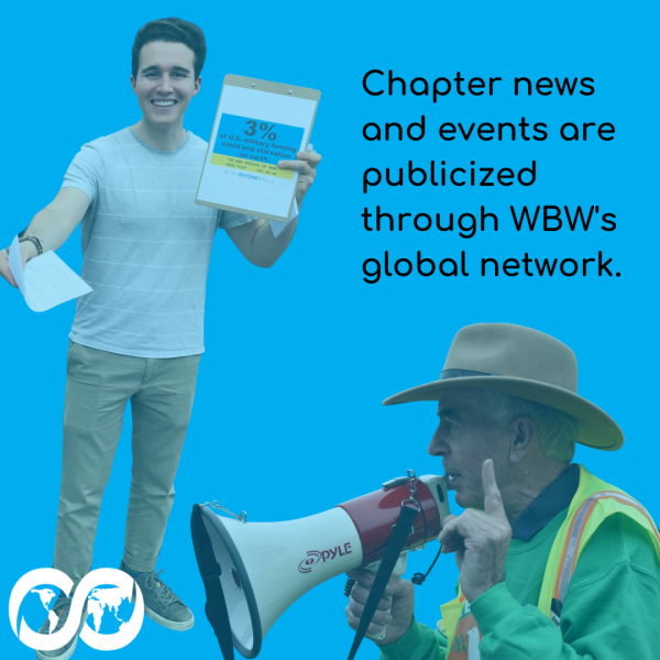 The text on the graphic reads "Chapter news and events are publicized through WBW's global network." A photo shows a volunteer with a clipboard passing out flyers. Another photo on the graphic is of a protester holding up a bullhorn.